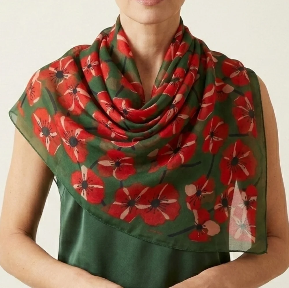 NWT Red Poppy Floral Chiffon Long Scarf Wrap- Sheer Emerald Green 63